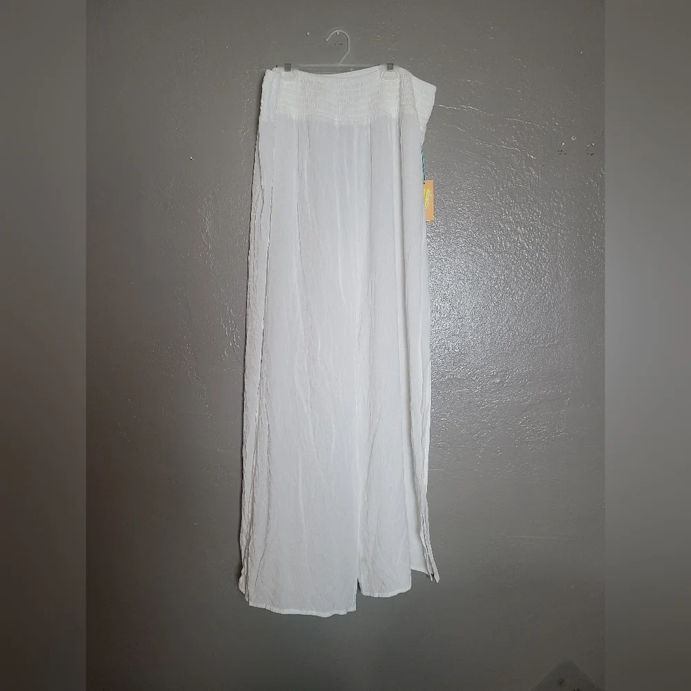 Kona Sol Women’s L White Wide-Leg Smocked Waist Cover Up Pants W/ Side Slit NWT - Picture 2 of 11